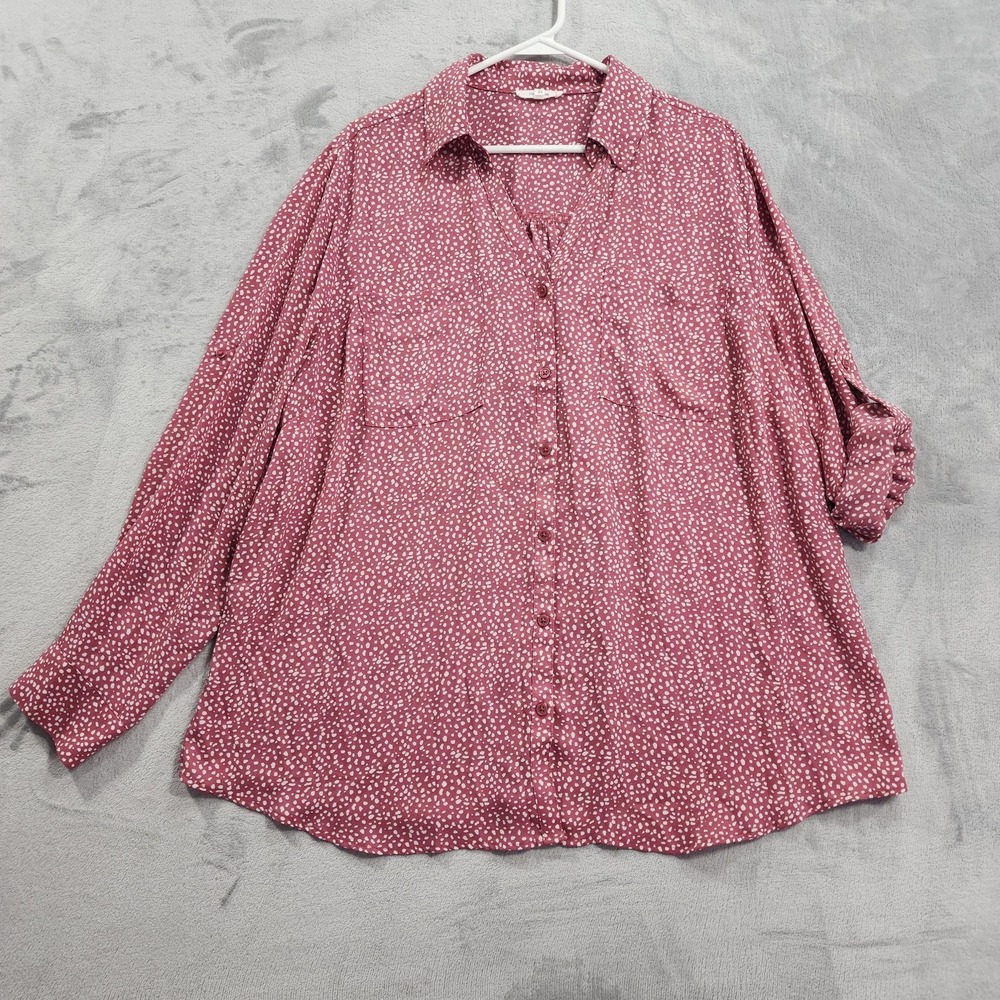 Maurices Shirt Women 2X Pink Polka Dot Winona Button Down Blouse Roll Tab Sleeve
